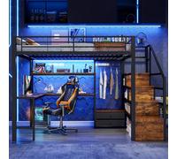 Moimhear Letto a soppalco, telaio in ferro, 2 cassetti, griglia per appendere oggetti, con barra luminosa a LED, scrivania, strutture per scale con spazio (nero, 140 x 200 cm)
