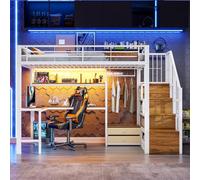 Moimhear Letto a soppalco, telaio in ferro, 2 cassetti, griglia per appendere oggetti, con barra luminosa a LED, scrivania, strutture per scale con spazio (bianco, 90 x 200 cm)