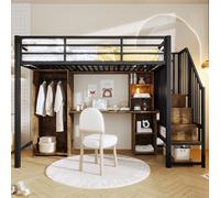 Moimhear Letto a soppalco, telaio in ferro, 90 x 200 cm, letto in ferro, con armadio, scrivania, strutture per scale con spazio di archiviazione, senza materasso (nero)