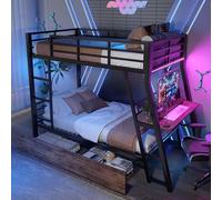 Moimhear Letto a soppalco, telaio in ferro, barra luminosa che cambia colore, cassetti, ringhiere, scale, scrivania, materasso non incluso, nero (90 x 200 cm)