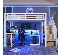 Moimhear Letto a soppalco, telaio in ferro, mensola, strutture per scale con vano portaoggetti, ringhiera di sicurezza, scrivania, con porta USB (bianco, 90 x 200 cm)