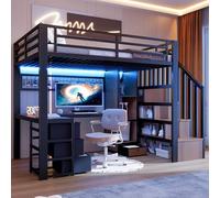 Moimhear Letto a soppalco, telaio in ferro, ripiano in ferro, 4 cassetti, griglia per appendere oggetti, scrivania, scale con spazio di archiviazione (nero, 90 x 200 cm)