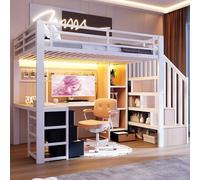 Moimhear Letto a soppalco, telaio in ferro, ripiano in ferro, 4 cassetti, griglia per appendere oggetti, scrivania, scale con spazio di archiviazione (bianco, 90 x 200 cm)