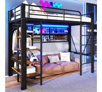 Moimhear Letto a soppalco, telaio in ferro, vano portaoggetti con asta, con striscia luminosa a LED, spazio aperto sotto il letto, senza materasso, 90 x 200 cm (nero)