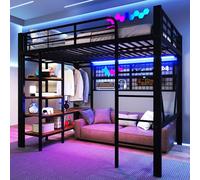 Moimhear Letto a soppalco, telaio in ferro, vano portaoggetti con asta, con striscia luminosa a LED, spazio aperto sotto il letto, senza materasso, 140 x 200 cm (nero)