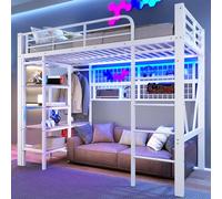 Moimhear Letto a soppalco, telaio in ferro, vano portaoggetti con asta, con striscia luminosa a LED, spazio aperto sotto il letto, senza materasso, 90 x 200 cm (bianco)