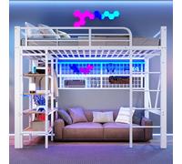 Moimhear Letto a soppalco, telaio in ferro, vano portaoggetti, rete per appendere oggetti, con asta per vestiti, spazio aperto sotto il letto, con barra luminosa a LED (bianco, 90 x 200 cm)
