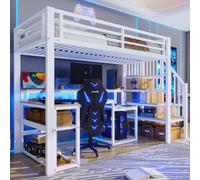 Moimhear Letto a soppalco, telaio in ferro, vano portaoggetti, strutture per scale con spazio e ringhiera di sicurezza, con striscia luminosa a LED, con porta USB, senza materasso (bianco, 90 x 200 cm