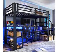 Moimhear Letto a soppalco, telaio in ferro, vano portaoggetti, strutture per scale con spazio e ringhiera di sicurezza, con striscia luminosa a LED, scrivania, con porta USB, senza materasso (nero, 90