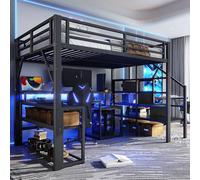Moimhear Letto a soppalco, telaio in ferro, vano portaoggetti, strutture per scale con spazio e ringhiera di sicurezza, con striscia luminosa a LED, scrivania, con porta USB, senza materasso (nero