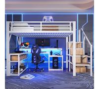 Moimhear Letto a soppalco, telaio in ferro, vano portaoggetti, strutture per scale con vano portaoggetti, ringhiera di sicurezza, con barra luminosa a LED, scrivania, con porta USB (nero, 140 x 200 cm