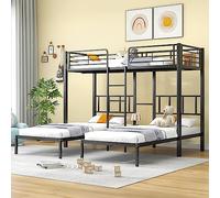 Moimhear Letto a tre letti 90 x 200 cm x 3, triplo letto a castello con scala per bambini e ragazzi, letto in ferro con griglia anticaduta e tavolo (nero)