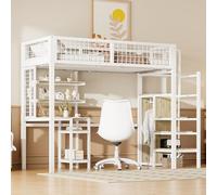 Moimhear Letto Alto a soppalco 90 x 200 cm, in ferro con scala di sicurezza, lettino con telaio in ferro e scrivania per computer, colore: bianco