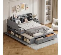 Moimhear Letto combinato in legno massello, 140 x 200 cm, testiera con vano portaoggetti integrato, con comodino, con armadietto a lungo, con divano, letto matrimoniale in tatami (grigio)
