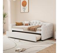 Moimhear Letto giornaliero, 90 x 200 cm, con letto estraibile, divano letto, letto singolo (senza materasso), lino, stile minimalista (beige)