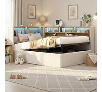 Moimhear Letto giornaliero con vano portaoggetti idraulico, letto imbottito, divano letto con LED, USB e schienale, velluto (beige, 90 x 200 cm)