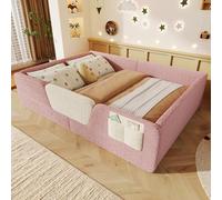 Moimhear Letto imbottito, 140 x 190 cm, senza materasso, griglia di sicurezza rimovibile, tasca in tessuto integrata per la conservazione, velluto unico (rosa)