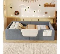 Moimhear Letto imbottito, 140 x 190 cm, senza materasso, griglia di sicurezza rimovibile, tasca in tessuto integrata per la conservazione, velluto unico (grigio)