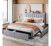 Moimhear Letto imbottito 140 x 200 cm, comodino con porta di ricarica USB e ripiano, letto doppio piatto con 4 cassetti, tessuto di lino (grigio)