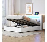 Moimhear Letto imbottito 140 x 200 cm, letto con striscia luminosa a LED, lettore Bluetooth e ricarica USB, in pelle PU, con rete a doghe (bianco, 140 x 200 cm)