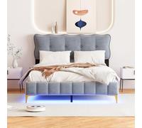 Moimhear Letto imbottito 140 x 200 cm, letto matrimoniale con luci a LED, letto per ragazzi con schienale con rete a doghe in velluto, piedini in metallo alti (grigio, 140 x 200 cm)