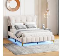 Moimhear Letto imbottito 140 x 200 cm, letto matrimoniale con luci a LED, letto per ragazzi con schienale con rete a doghe in velluto, piedini in metallo alti (beige, 140 x 200 cm)