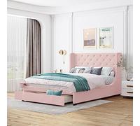 Moimhear Letto imbottito 140 x 200 cm, letto matrimoniale con rete a doghe, schienale e cassetti grandi, letto matrimoniale per adulti e ragazzi in tessuto di lino (rosa)