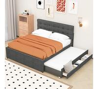 Moimhear Letto imbottito, 140 x 200 cm, letto matrimoniale, letto matrimoniale con tre cassetti, letto estraibile, testiera regolabile (grigio)