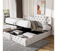 Moimhear Letto imbottito 140 x 200 cm, matrimoniale idraulico funzionale continentale, testiera regolabile in altezza, motivo Lychee, pelle sintetica, bianco