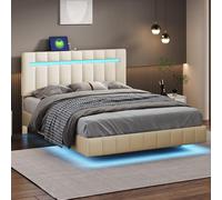Moimhear Letto imbottito 140 x 200 cm, telaio imbottito con luci a LED e design testiera, letto matrimoniale in lino delicato sulla pelle