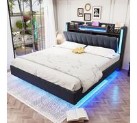 Moimhear Letto imbottito 140x200 cm con illuminazione a LED e presa USB, testiera con vano contenitore, letto galleggiante, per ragazzi, per adulti, tessuto di lino (Grigio)