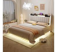 Moimhear Letto imbottito 140x200 cm con illuminazione a LED e presa USB, testiera con vano contenitore, galleggiante, letto per ragazzi, letto per adulti, tessuto di lino (Beige)