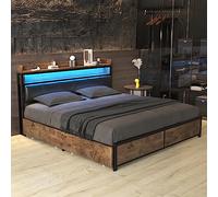 Moimhear Letto imbottito 160 x 200 cm con rete a doghe e testiera, letto a LED, letto per ragazzi con 4 cassetti, per adulti e ragazzi, funzione di conservazione, PU, nero