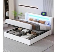 Moimhear Letto imbottito 160 x 200 cm, letto con striscia luminosa a LED, lettore Bluetooth e ricarica USB, in pelle PU, con rete a doghe (bianco, 160 x 200 cm)