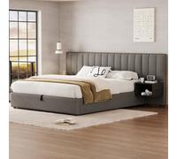 Moimhear Letto imbottito 160 x 200 cm, letto idraulico largo con due comodini con vano portaoggetti, adatto per adulti e ragazzi, rete a doghe in legno, facile montaggio, lino (160 x 200 cm)