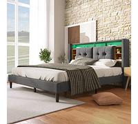 Moimhear Letto imbottito 160 x 200 cm, letto matrimoniale con ricarica USB e illuminazione a LED, rete a doghe in legno (grigio, 160 x 200 cm)