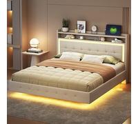 Moimhear Letto Imbottito 160 x 200 con Presa USB e Luce LED, Posizionabile all'Estremità della Testiera, Design dei Piedi Nascosto, Doppio Piano, Tessuto di Lino