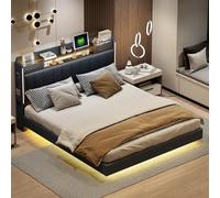 Moimhear Letto imbottito 160x200 cm con illuminazione a LED e presa USB, testiera con vano contenitore, galleggiante letto per ragazzi letto per adulti, tessuto di lino (Grigio)