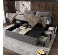 Moimhear Letto imbottito, 160x200cm, letto idraulico, tre cassetti, box contenitore, rete a doghe con testiera, senza materasso, velluto, grigio
