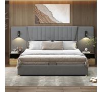 Moimhear Letto imbottito 180x200cm, con schienale extra lungo, lampada da lettura con direzione regolabile, con porta di ricarica USB, letto contenitore idraulico, letto matrimoniale, tessuto in