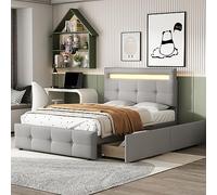 Moimhear Letto imbottito 90 x 200 cm, con 2 cassetti, luci a LED, imbottitura in lino delicata sulla pelle, letto singolo, letto per ragazzi (LD001-004)