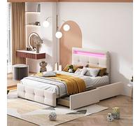 Moimhear Letto imbottito 90 x 200 cm, con 2 cassetti, luci a LED, imbottitura in lino delicata sulla pelle, letto singolo, letto per ragazzi, LD001-004