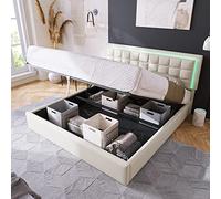 Moimhear Letto imbottito a LED, 140 x 200 cm, letto matrimoniale con striscia di illuminazione a LED, struttura del letto, letto funzionale