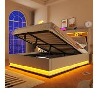 Moimhear Letto imbottito, con funzione di ricarica USB di tipo C, stoccaggio idraulico, scomparto flip top, senza materasso, lino (beige, 140 x 200 cm)