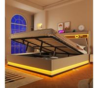 Moimhear Letto imbottito, con funzione di ricarica USB di tipo C, stoccaggio idraulico, scomparto flip top, senza materasso, lino (beige, 180 x 200 cm)