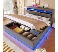 Moimhear Letto imbottito, con funzione di ricarica USB di tipo C, stoccaggio idraulico, scomparto flip top, senza materasso, lino (grigio, 180 x 200 cm)