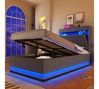 Moimhear Letto imbottito, con funzione di ricarica USB di tipo C, stoccaggio idraulico, scomparto flip top, senza materasso, lino (grigio, 90 x 200 cm)