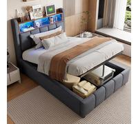 Moimhear Letto imbottito con illuminazione a LED e porta USB, testiera con ripiani idraulici, letto singolo per bambini, in lino (grigio, 90 x 200 cm)