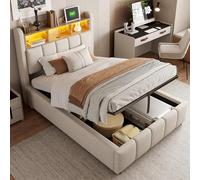 Moimhear Letto imbottito con illuminazione a LED e porta USB, testiera con ripiani idraulici, letto singolo per bambini, in lino (beige, 90 x 200 cm)