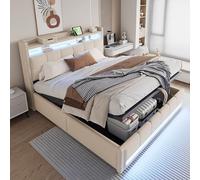 Moimhear Letto imbottito, con illuminazione a LED e presa USB, testiera con ripiani, con idraulica per la conservazione, letto per adulti doppio, tessuto di lino (beige, 180 x 200 cm)